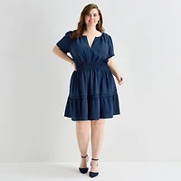 Be by CHETTA B Womens Plus Split Crew Neck Short Sleeve Fitted Fit + Flare Dress