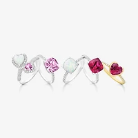 Womens Lab Created White Opal Sterling Silver Heart Halo Side Stone Cocktail Ring