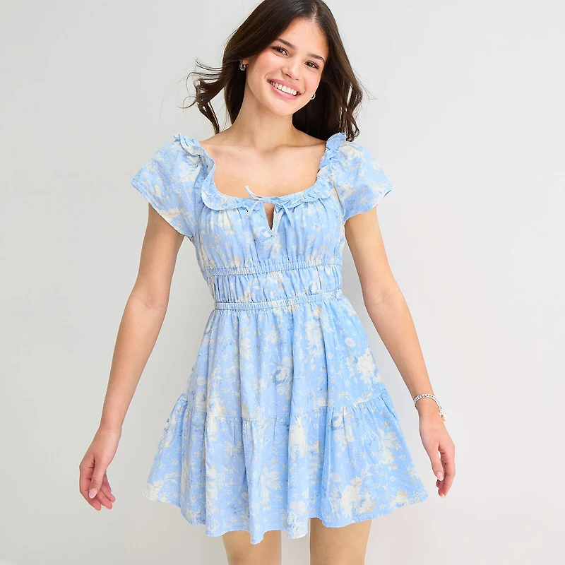 Arizona Womens Juniors Square Neck Short Sleeve Floral Empire Waist Dress