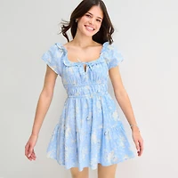Arizona Womens Juniors Square Neck Short Sleeve Floral Empire Waist Dress