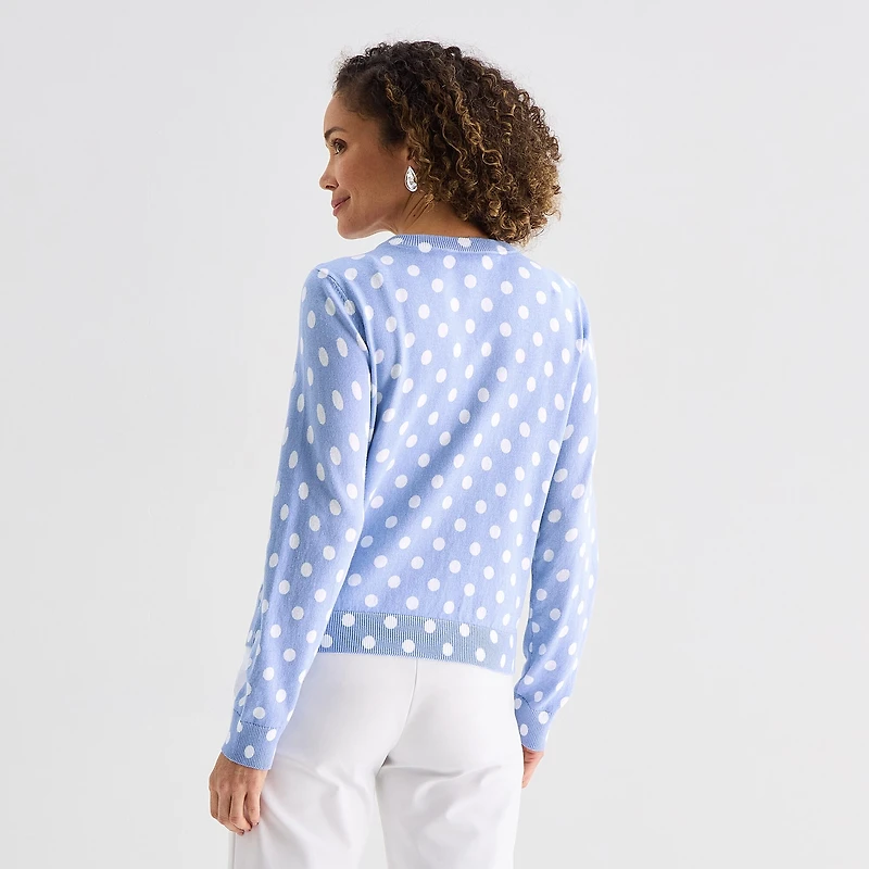 Liz Claiborne Womens Crew Neck Long Sleeve Button Dots Cardigan