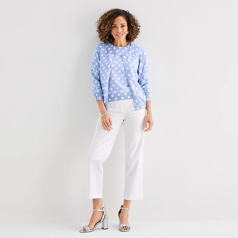 Liz Claiborne Womens Crew Neck Long Sleeve Button Dots Cardigan