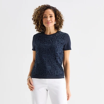 Liz Claiborne Lace Womens Crew Neck Short Sleeve Pullover Sweater