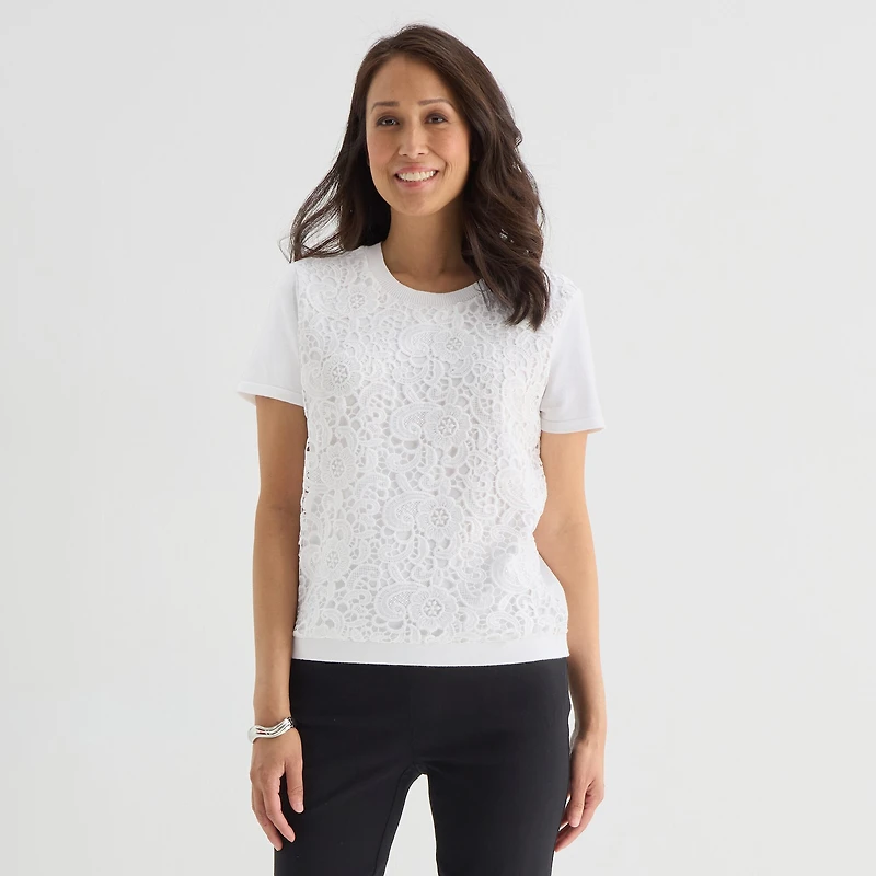 Liz Claiborne Lace Womens Crew Neck Short Sleeve Pullover Sweater