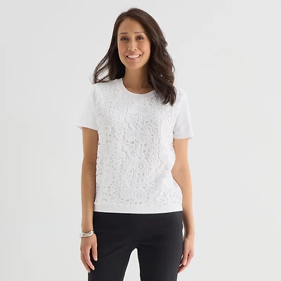 Liz Claiborne Lace Womens Crew Neck Short Sleeve Pullover Sweater