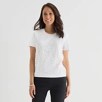 Liz Claiborne Lace Womens Crew Neck Short Sleeve Pullover Sweater