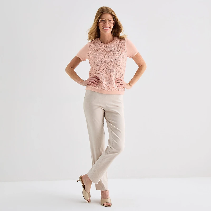 Liz Claiborne Lace Womens Crew Neck Short Sleeve Pullover Sweater