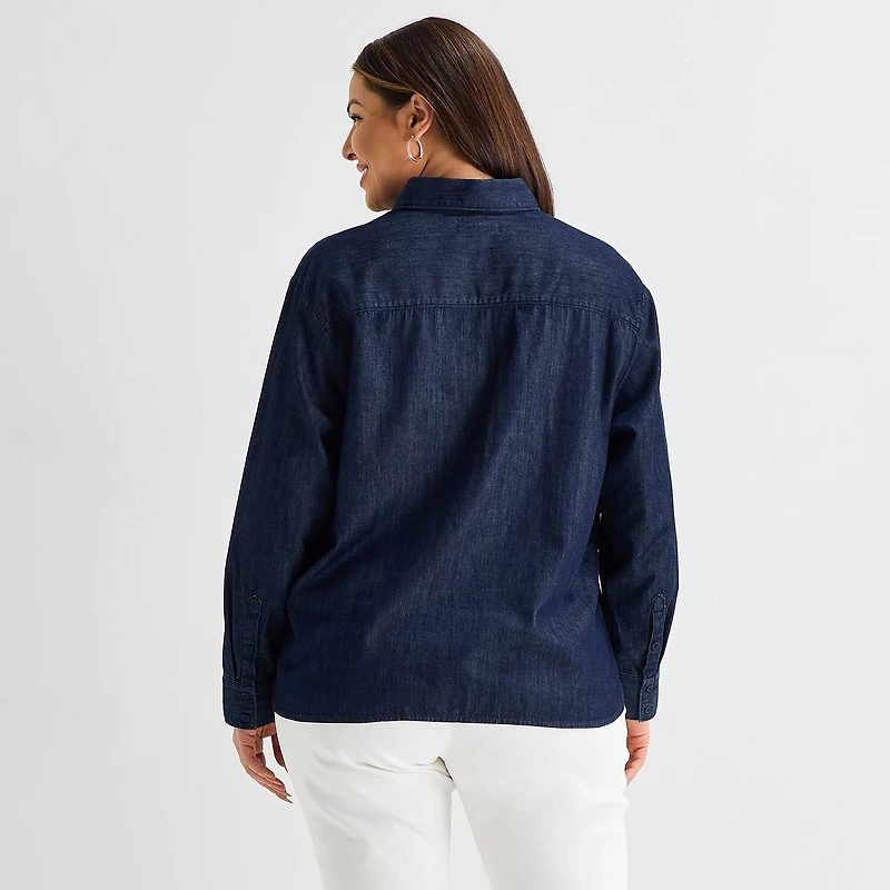 Liz Claiborne Womens Plus Fitted Long Sleeve Regular Fit Button-Down Shirt