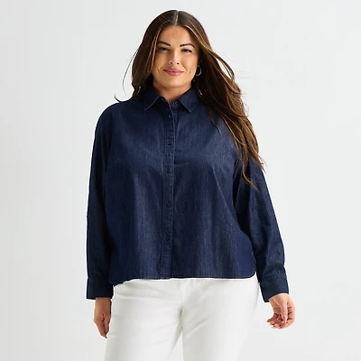 Liz Claiborne Womens Plus Fitted Long Sleeve Regular Fit Button-Down Shirt