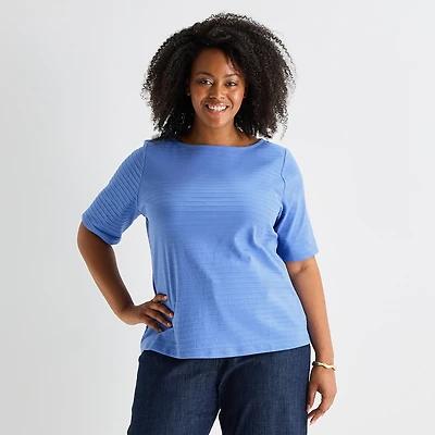 Liz Claiborne Womens Plus Boat Neck Short Sleeve T-Shirt