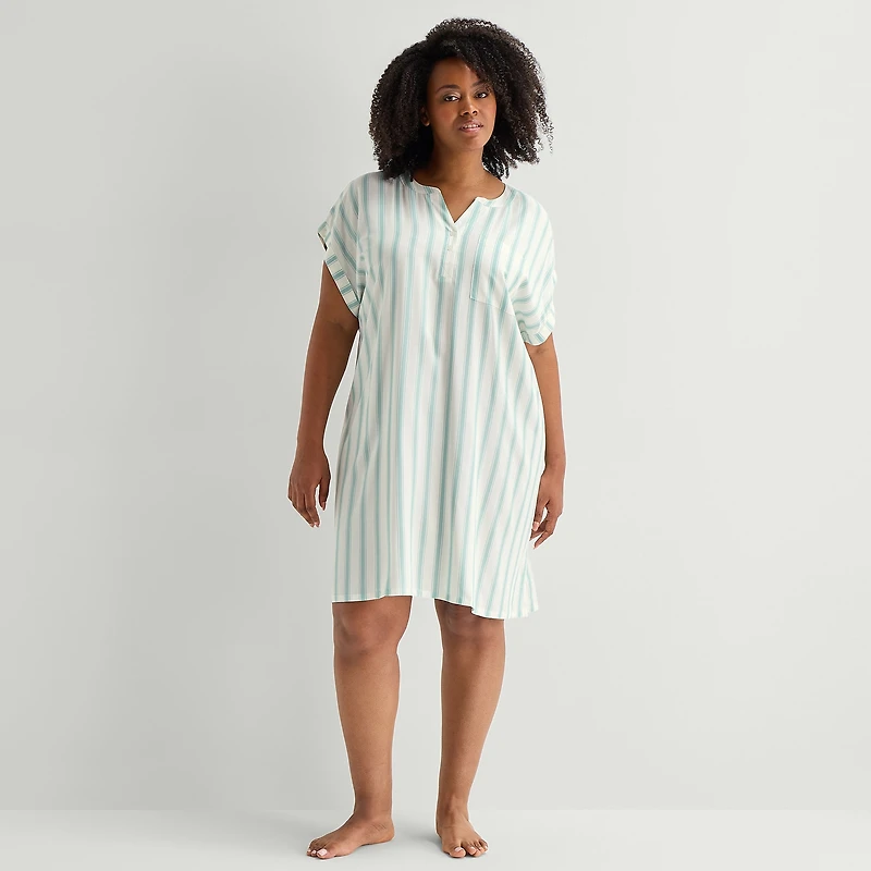 Liz Claiborne Cool and Calm Womens Plus Short Sleeve Y Neck Nightshirt