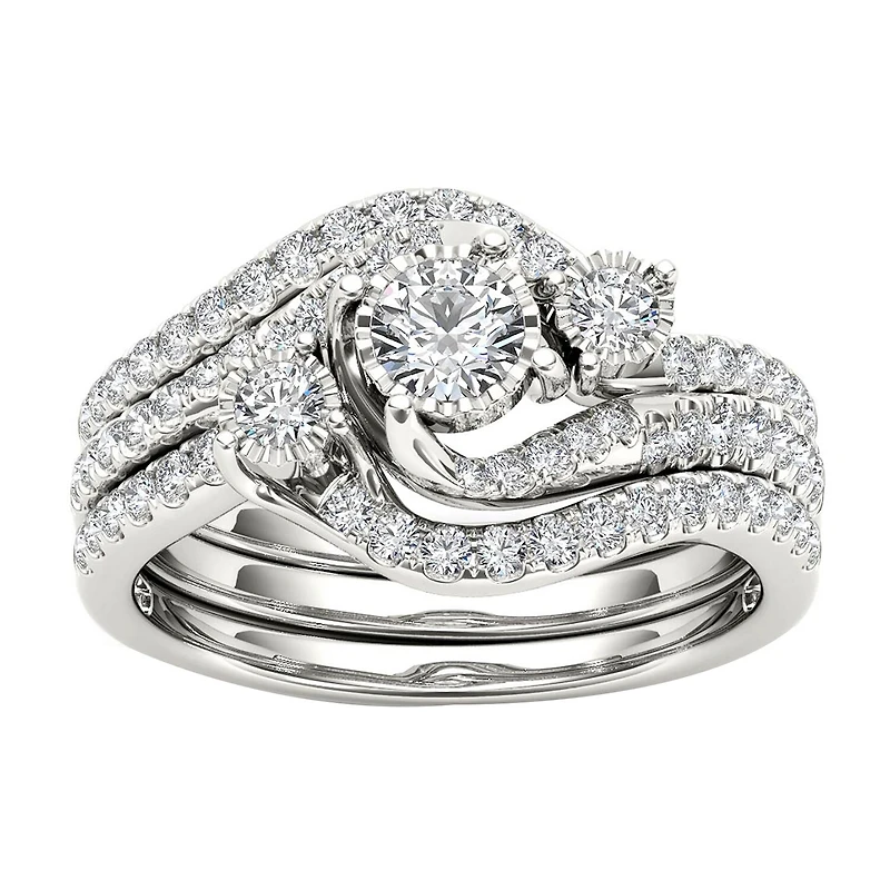 Love Lives Forever Womens 3/4 CT. T.W. Natural White Diamond 14K Gold Round 3-Stone Bypass Bridal Set