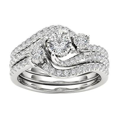 Love Lives Forever Womens 3/4 CT. T.W. Natural White Diamond 14K Gold Round 3-Stone Bypass Bridal Set