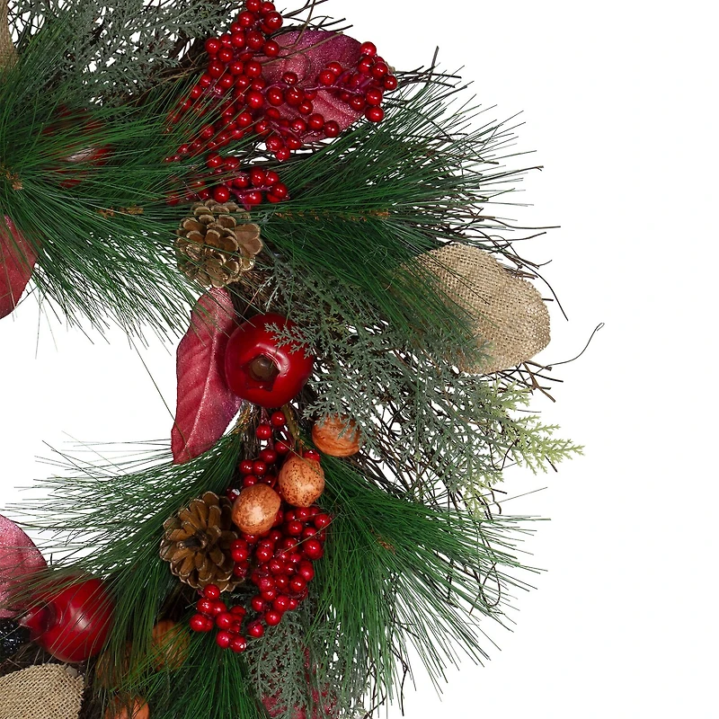 Autumn Harvest Pine Berry and Pomegranate Wreath 24 inch Unlit