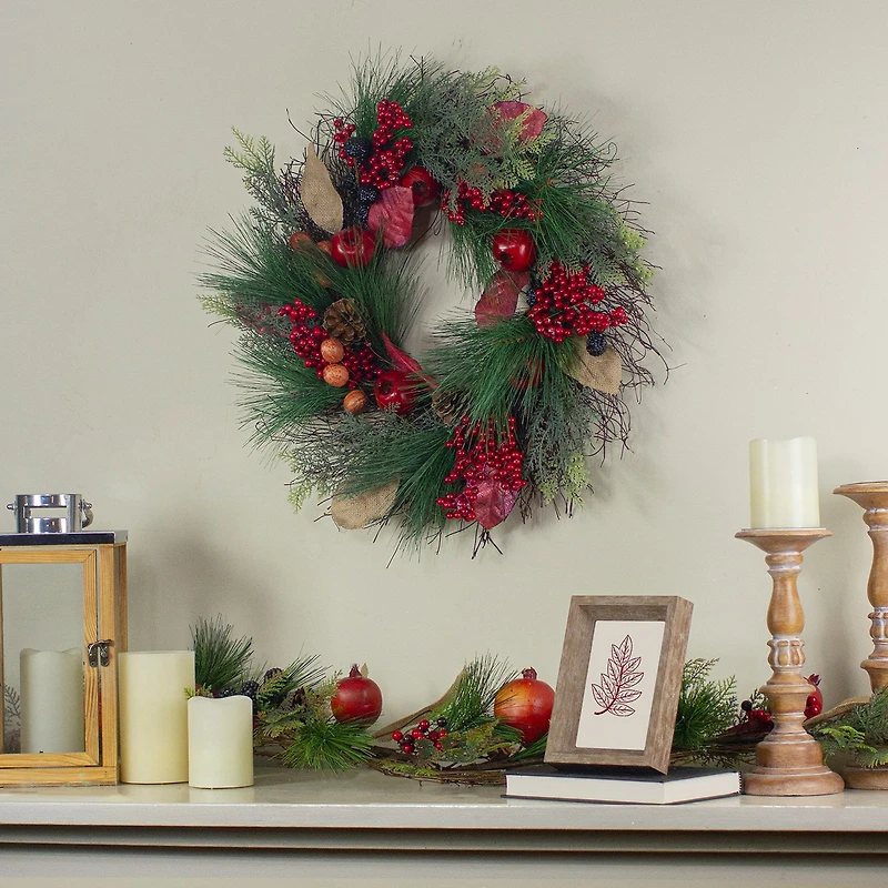 Autumn Harvest Pine Berry and Pomegranate Wreath 24 inch Unlit