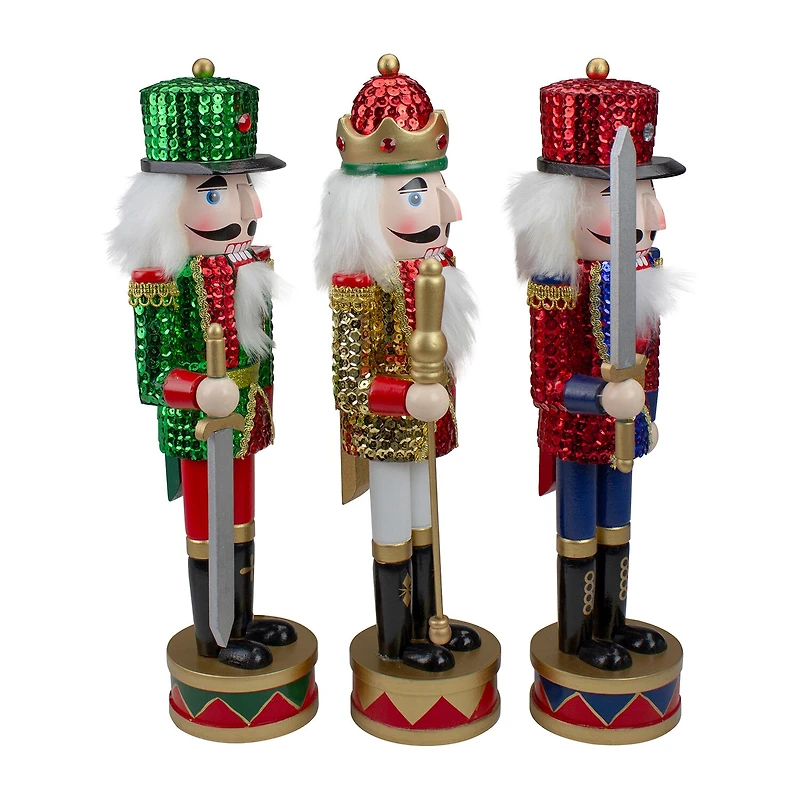 Set of 3 Red Sequin Jacket Wooden Christmas Nutcrackers 14.25"