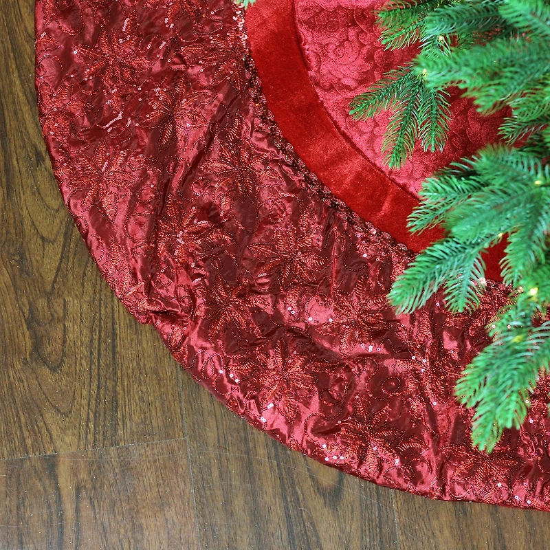 60'' Red Velvet Damask Sequin Embroidered Poinsettia Trimmed Scalloped Edge Christmas Tree Skirt