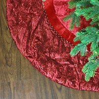 60'' Red Velvet Damask Sequin Embroidered Poinsettia Trimmed Scalloped Edge Christmas Tree Skirt
