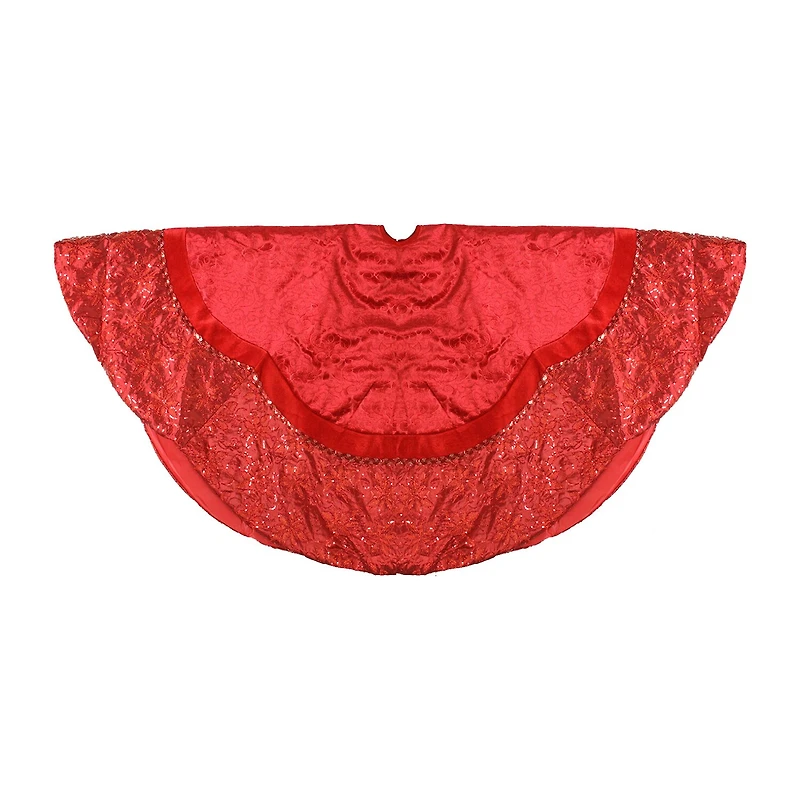60'' Red Velvet Damask Sequin Embroidered Poinsettia Trimmed Scalloped Edge Christmas Tree Skirt
