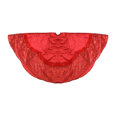 60'' Red Velvet Damask Sequin Embroidered Poinsettia Trimmed Scalloped Edge Christmas Tree Skirt