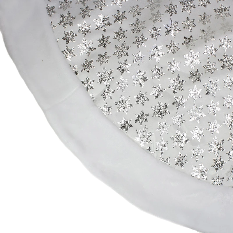 60'' White and Silver Sequin Snowflake Christmas Tree Skirt with Faux Fur Border