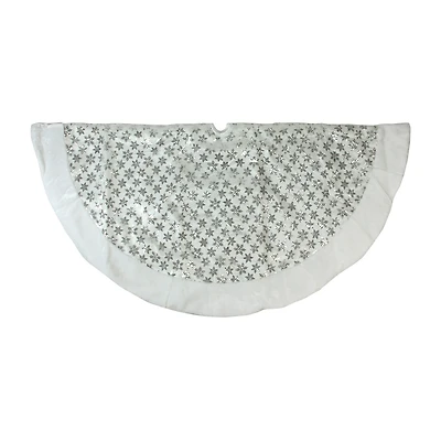 60'' White and Silver Sequin Snowflake Christmas Tree Skirt with Faux Fur Border