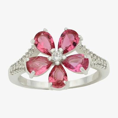 Sparkle Allure Womens Pink Crystal Pure Silver Over Brass Flower Cocktail Ring