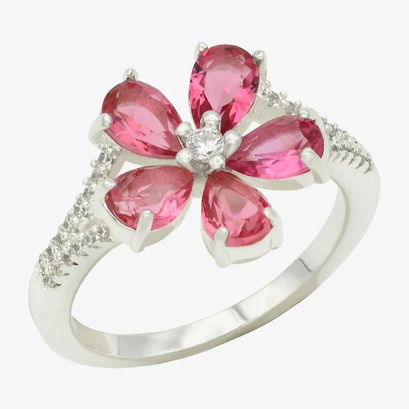 Sparkle Allure Womens Pink Crystal Pure Silver Over Brass Flower Cocktail Ring