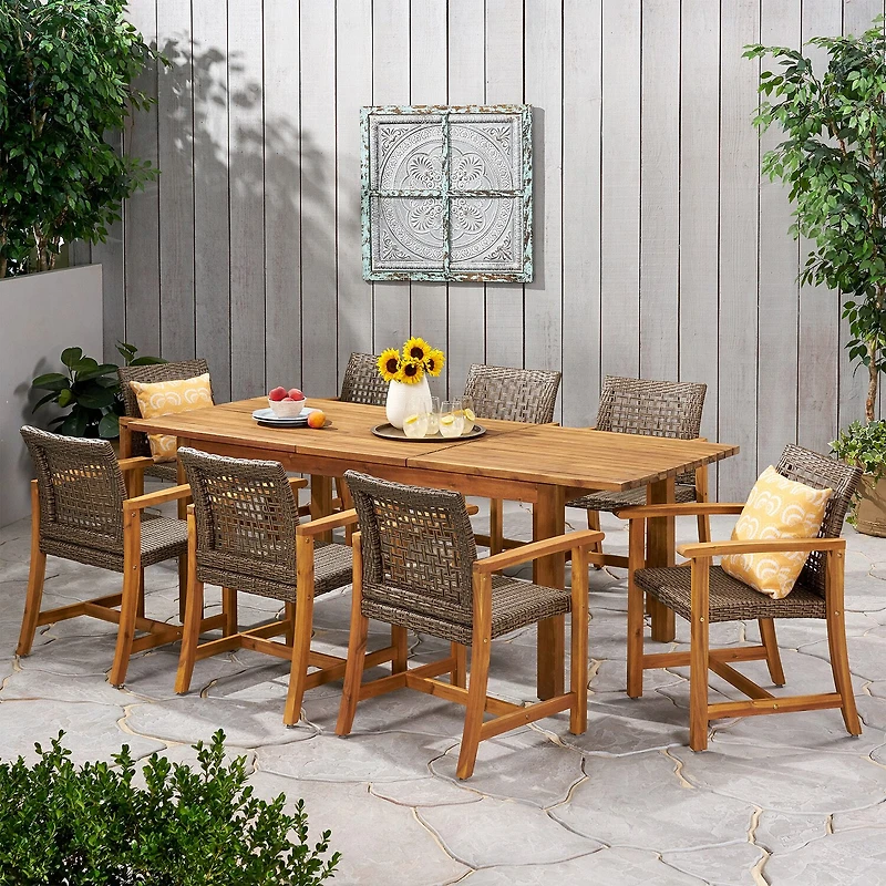 Arno 9-pc. Acacia Wood Outdoor Dining Set with Expandable Table
