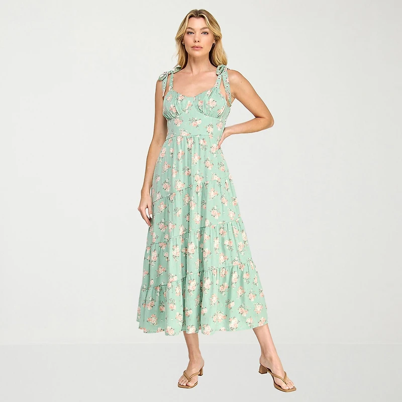 Trixxi Womens Juniors Midi Sweetheart Neck Sleeveless Floral Fit + Flare Dress