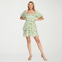 Trixxi Womens Juniors Straight Neck Short Sleeve Puffed Floral Fit + Flare Dress