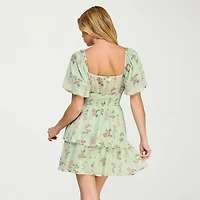 Trixxi Womens Juniors Straight Neck Short Sleeve Puffed Floral Fit + Flare Dress