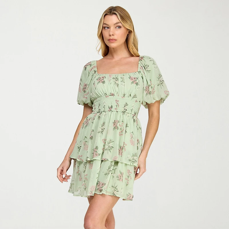 Trixxi Womens Juniors Straight Neck Short Sleeve Puffed Floral Fit + Flare Dress