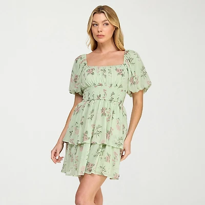 Trixxi Womens Juniors Straight Neck Short Sleeve Puffed Floral Fit + Flare Dress