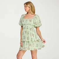 Trixxi Womens Juniors Straight Neck Short Sleeve Puffed Floral Fit + Flare Dress