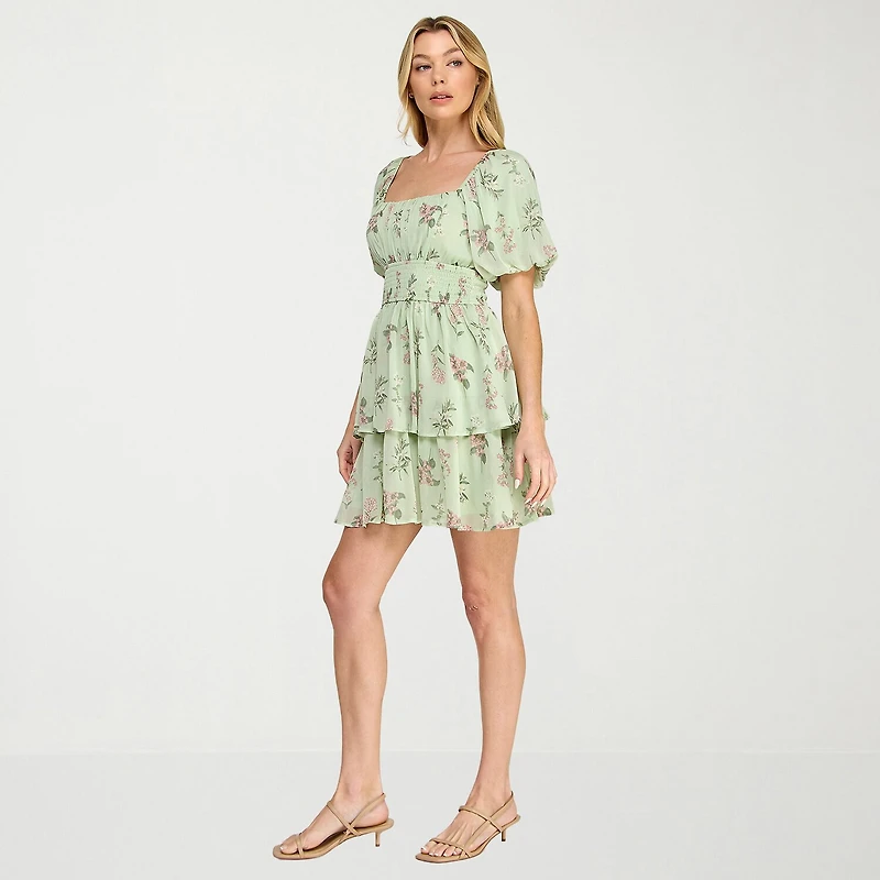 Trixxi Womens Juniors Straight Neck Short Sleeve Puffed Floral Fit + Flare Dress