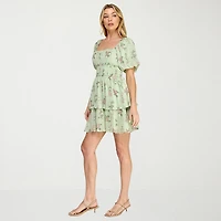 Trixxi Womens Juniors Straight Neck Short Sleeve Puffed Floral Fit + Flare Dress