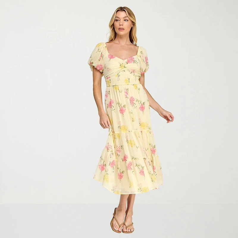 Trixxi Womens Juniors Midi Sweetheart Neck Short Sleeve Floral A-Line Dress