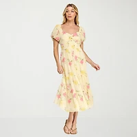 Trixxi Womens Juniors Midi Sweetheart Neck Short Sleeve Floral A-Line Dress