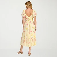 Trixxi Womens Juniors Midi Sweetheart Neck Short Sleeve Floral A-Line Dress