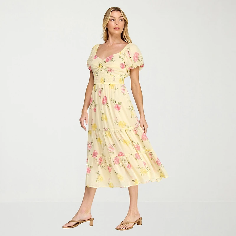 Trixxi Womens Juniors Midi Sweetheart Neck Short Sleeve Floral A-Line Dress