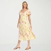 Trixxi Womens Juniors Midi Sweetheart Neck Short Sleeve Floral A-Line Dress
