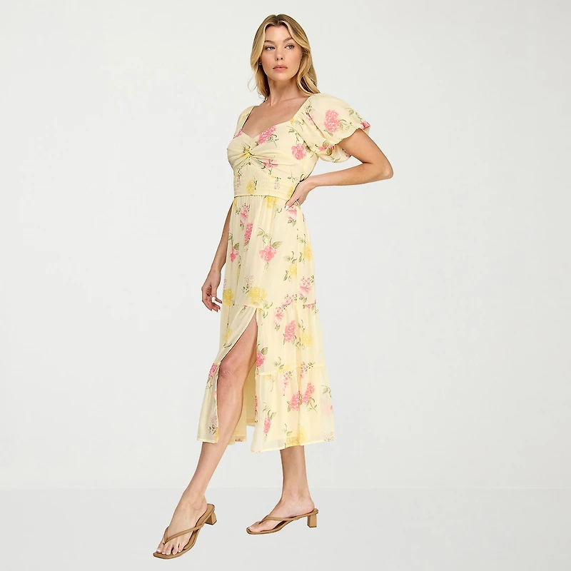 Trixxi Womens Juniors Midi Sweetheart Neck Short Sleeve Floral A-Line Dress