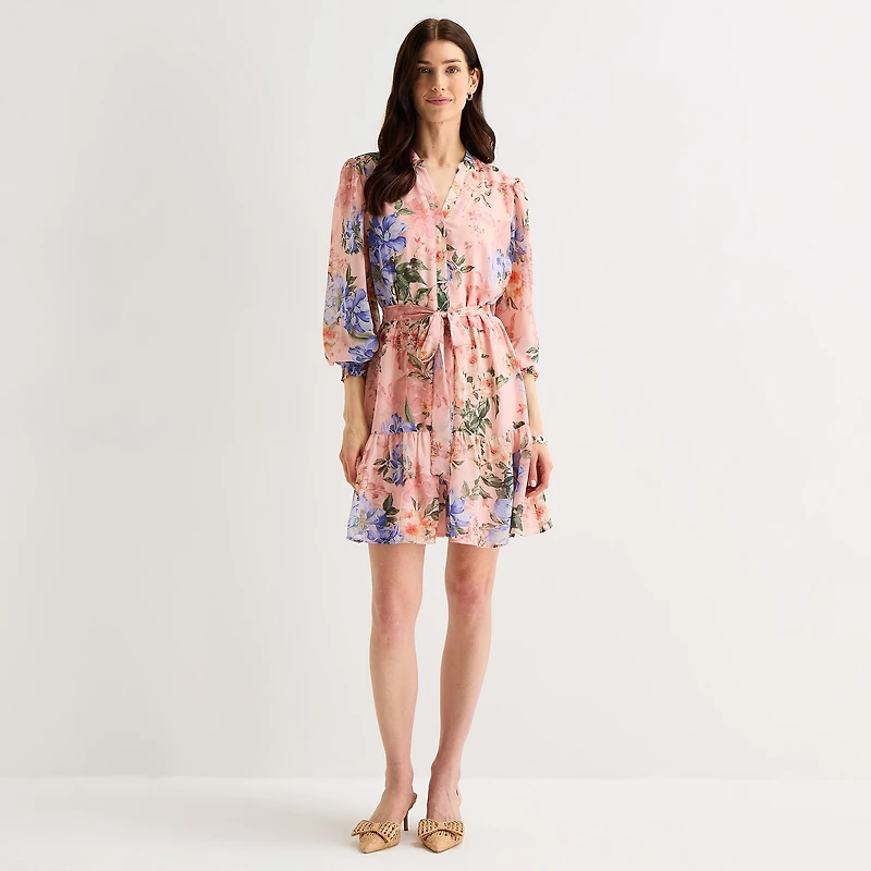 Isabel & Nina Womens V Neck 3/4 Sleeve Balloon Floral Fit + Flare Dress