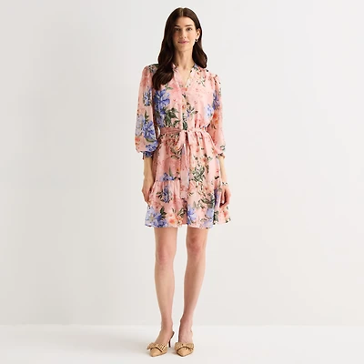 Isabel & Nina Womens V Neck 3/4 Sleeve Balloon Floral Fit + Flare Dress