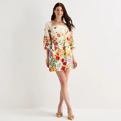 Brannan Womens Square Neck Elbow Sleeve Floral Sheath Dress