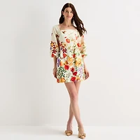 Brannan Womens Square Neck Elbow Sleeve Floral Sheath Dress