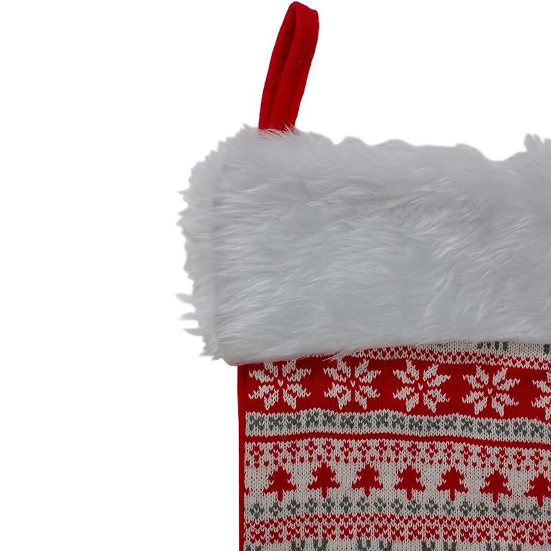 19'' Red and White Deer and Snowflake Knit Christmas Stocking with Faux Fur Cuff