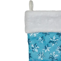 20.5'' Ice Palace Blue Sequin Snowflake Christmas Stocking with White Faux Fur Cuff