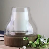 10.25'' Transparent Glass Pillar Candle Holder with Wooden Base